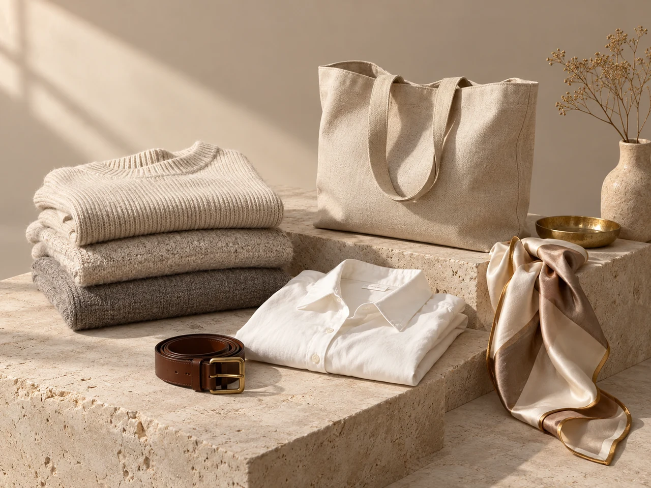 Folded neutral-toned clothing, a scarf, belt and tote arranged on a warm studio set.