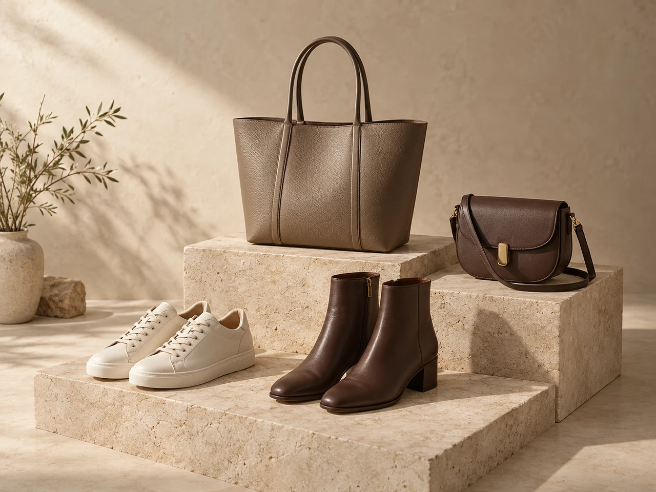 Plain shoes and structured bags arranged on warm stone plinths.
