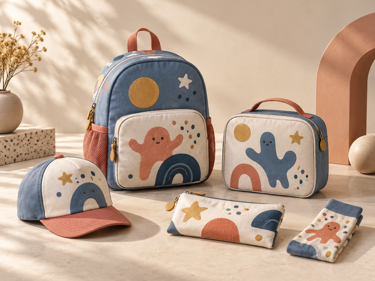 Children’s accessories with original playful creature and geometric motifs on a warm studio set.