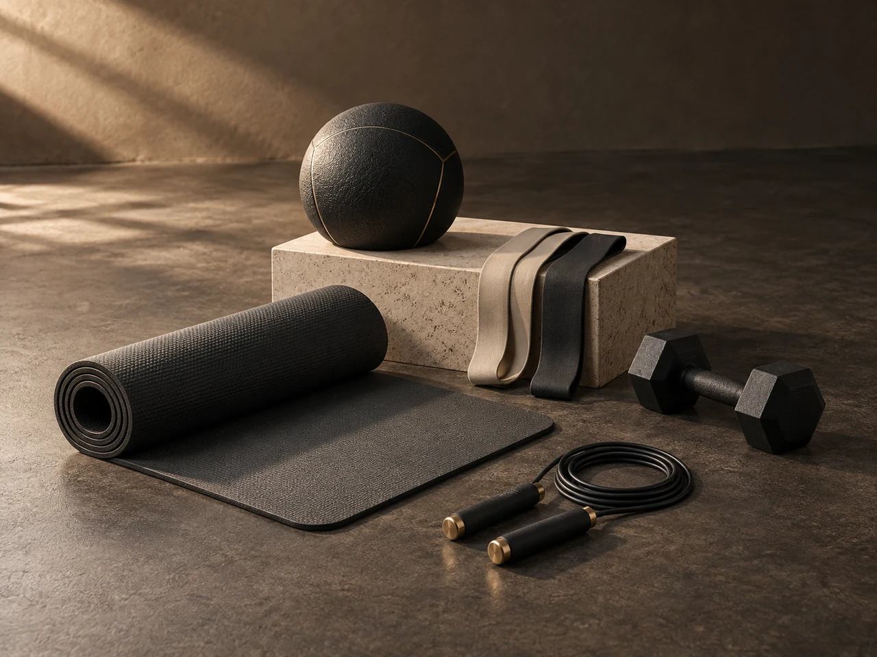 A training mat, resistance bands, jump rope, medicine ball and dumbbells arranged for sport.