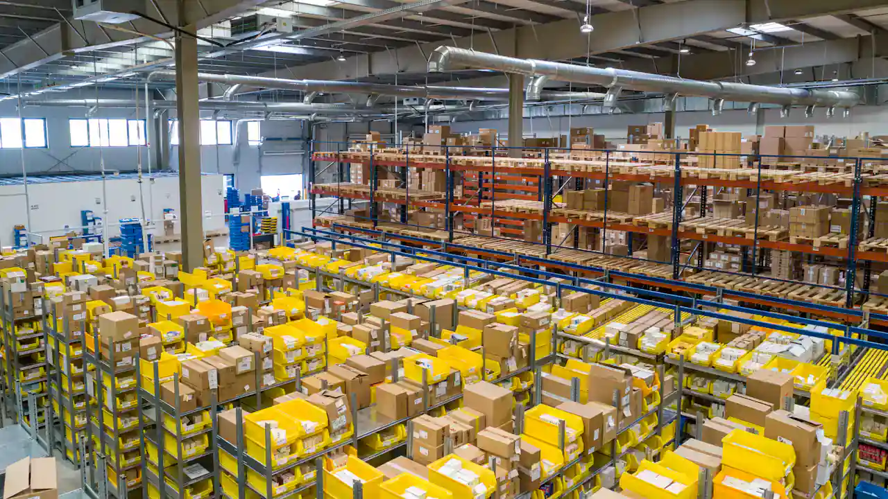 Warehouse shelves with packaged goods